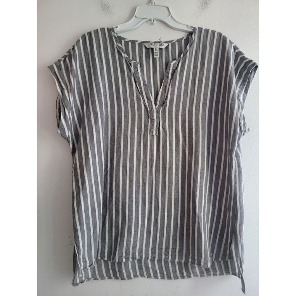 Ellen Tracy Linen Grey & White Stripped Linen/Cotton Pop Over Blouse size Large
